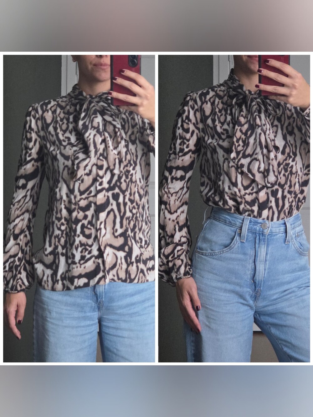 Diane von Furstenberg Tie-Neck 100% Silk Blouse Animal Print Size 8-6 Slim Fit